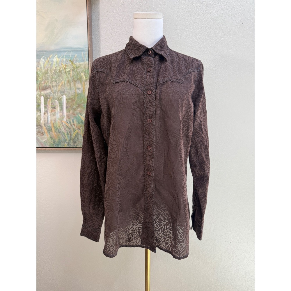 Vintage Western Burnout Sheer Button Down Shirt Brown Blue Stitching Large
